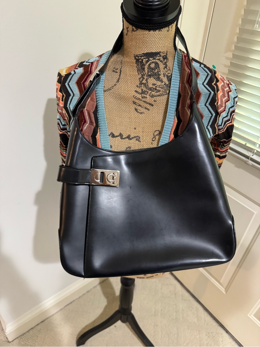 Vintage Salvatore Ferragamo Black Leather Shoulder Bag with Silver-Tone Accent